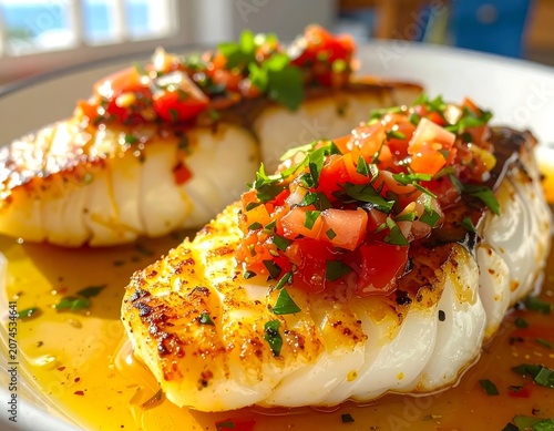 Golden Seared White Fish Fillets Topped with Fresh Tomato Salsa on White Plate