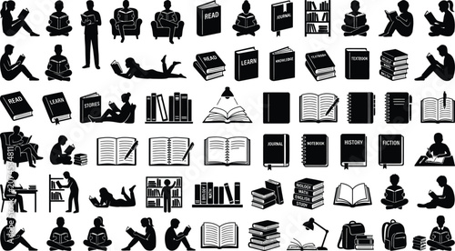 Tableau sur toile Creative vector compilation of 66 reading education icons showing smart students