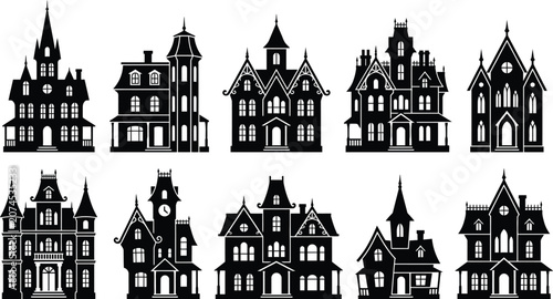 Cuadro en lienzo Black and white of victorian style houses with steep gables and bay windows arch