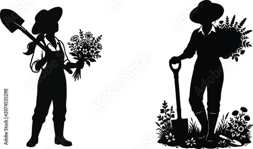 Fotografía Set of 2 beautiful gardener woman silhouettes holding fresh blooming flowers and heavy iron shovels, displaying tireless passion for effortless organic backyard gardening