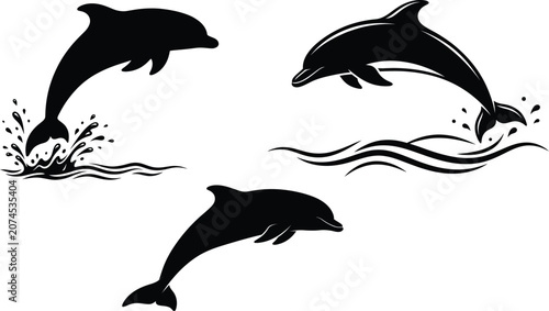Cuadro en lienzo Set of 3 dolphin silhouettes leaping from water, showing happy energy with no stress, capturing beautiful ocean wildlife and zero negative vibes in black vector