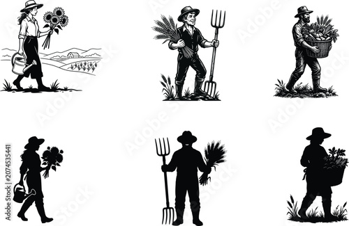 Cuadro en lienzo Set of 3 black line art farmers and 3 dark solid silhouettes working hard on a rustic field, showing tireless farming life versus effortless harvest