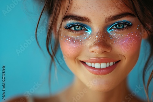 Close up portrait of a beautiful young woman with artistic glitter makeup and blue eyes