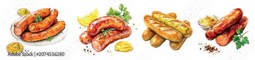 Foto Grilled sausages set art illustrating various bratwurst, bangers, and frankfurte
