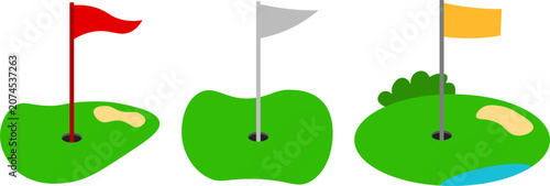 Golf hole green course set with flags vector illustration