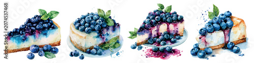 фотографія Blueberry cheesecake slices showcasing fresh blueberries and mint leaves, waterc