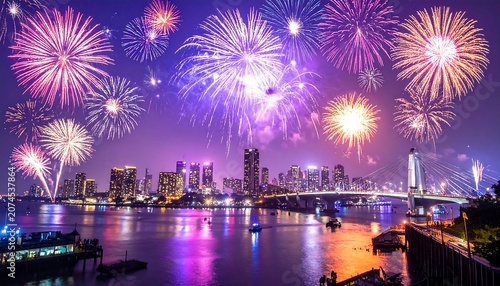 New Year Fireworks Celebration with Vibrant Explosive Light Display and Festive Spark Effects on Rich Purple Background for Holiday Party Concept Design
