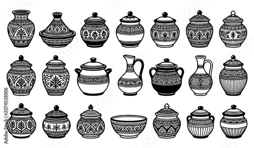 Tableau sur toile Traditional pottery and ceramic container vector set decorative vessel silhouett