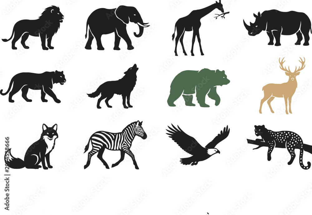 Obraz premium Set of wild animal silhouettes with lion elephant giraffe bear deer and eagle on white background