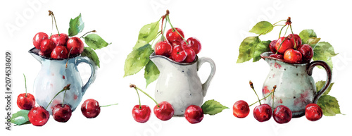 фотографія Freshly picked red cherries in watercolor pitchers, illustrating sweet summer fr