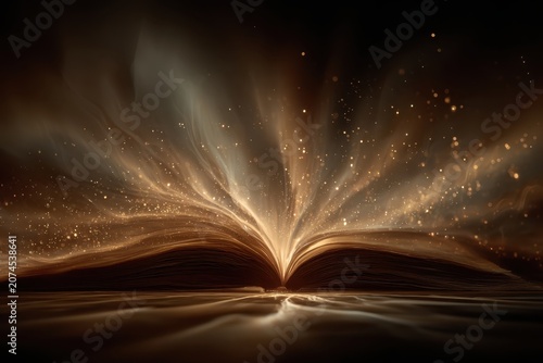 Old Open Book Emitting Golden Light in Dark Atmosphere