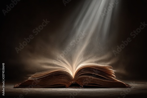 Old Open Book with Light Rays in Dark Atmospheric Scene