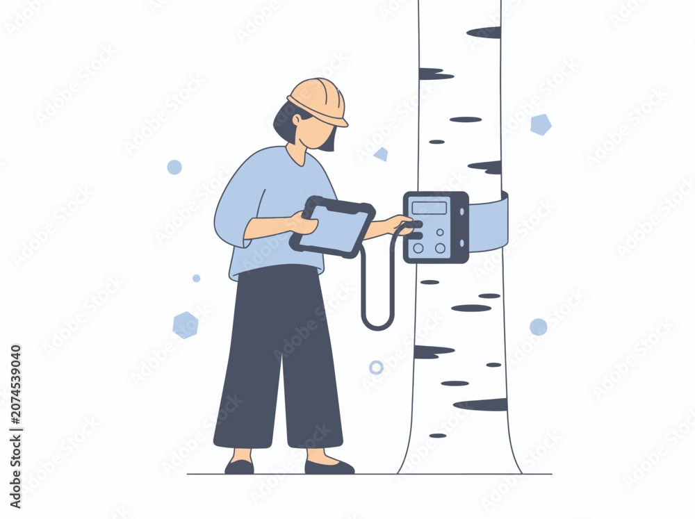 Fototapeta premium Scientist examining a birch tree with digital equipment for environmental research outdoors