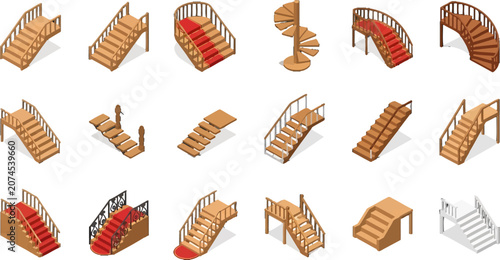 Isometric wooden staircase collection with various architectural designs and railing styles for interior building construction vector set