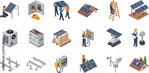 Isometric solar energy icons set featuring technicians installing photovoltaic panels and renewable power equipment for sustainable electricity generation