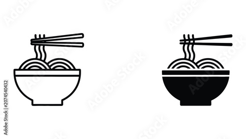 Professional Minimal Vector Icon Noodle bowl with chopsticks line and solid vector icon set Editable Stroke, Outline and Solid Style, Black Monochrome, Isolated on White Background