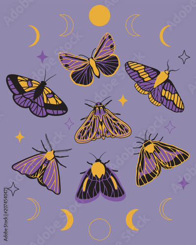 Celestial moths and moon phases vector illustration. Mystical witchy butterflies with stars on purple background