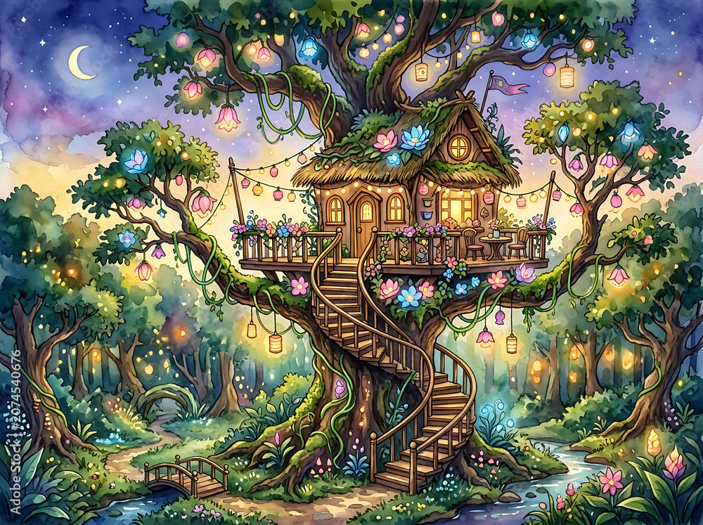 Fototapeta premium Enchanted treehouse home with glowing lanterns and fairy lights nestled in magical forest at dusk with purple moonlit sky.