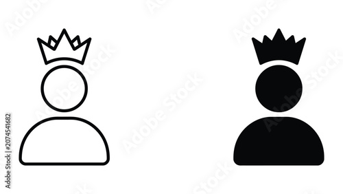 Professional Minimal Vector Icon User profile with crown icon in outline and solid vector style Editable Stroke, Outline and Solid Style, Black Monochrome, Isolated on White Background