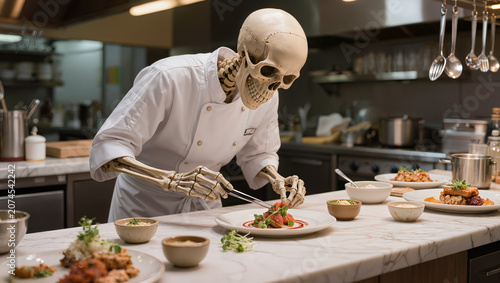 3D abstract skeletal chef mascot character plating a gourmet dish in a fine dining kitchen, stylized non-realistic design with cinematic lighting and premium culinary presentation.