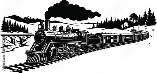 Foto Vintage steam train locomotive silhouette puffing smoke on tracks through a mountain countryside landscape vector illustration representing historic travel and transport concept