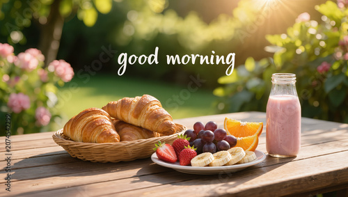 Hyper-realistic farm-to-table breakfast on a rustic wooden table outdoors, featuring fresh croissants, seasonal fruits, and milk under warm golden sunlight in a cinematic natural lifestyle composition