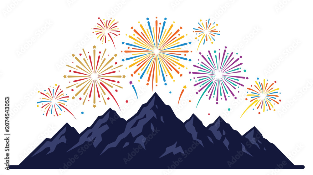 Fototapeta premium Colorful festive fireworks exploding over dark mountain silhouette for celebration