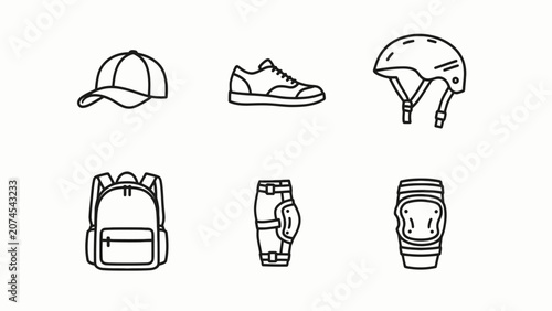 Skateboarding Gear Icons: Helmet, Backpack, Shoes, Cap, Knee Pads