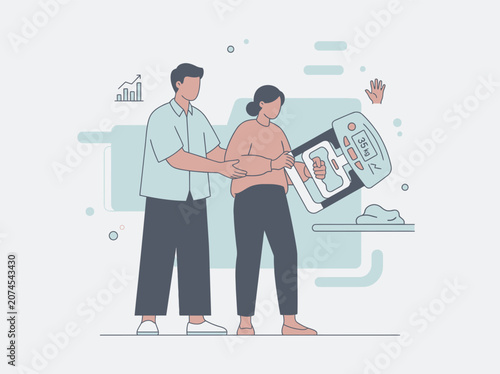 A man and woman with a grip strength tester showing a man helping measure strength