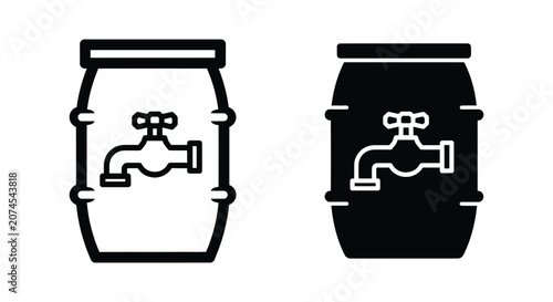 Barrel with tap icon, water container symbol, vector illustration of a storage tank with faucet, outline and solid style icons