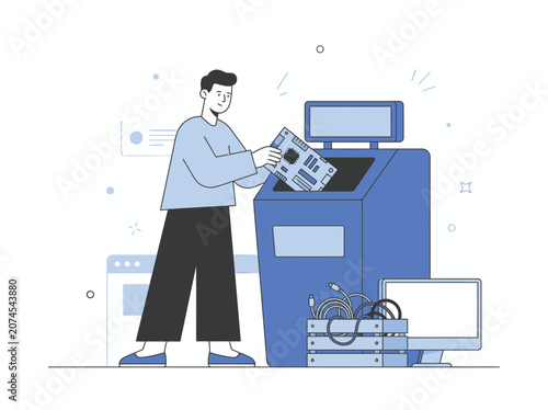 Man recycling computer hardware with circuit board computer and cables while discarding electronics