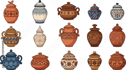 Quadro su tela Vintage Ceramic Vase and Clay Pot Icon Set with Ornate Traditional Patterns Flor