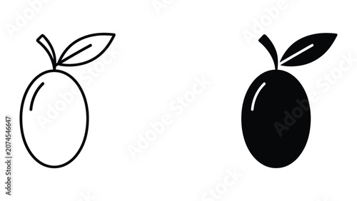 Professional Minimal Vector Icon Single olive with leaf vector icon set in solid and outline style Editable Stroke, Outline and Solid Style, Black Monochrome, Isolated on White Background