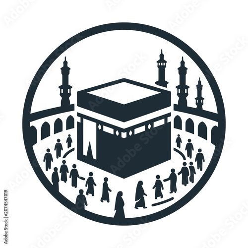 Photography Islamic Kaaba icon vector, holy pilgrimage Hajj and Umrah symbol, black and whit