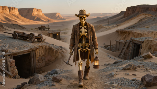 Hyper-realistic skeletal gold prospector emerging from an abandoned desert mining settlement, wearing a worn cowboy outfit and carrying a lantern and pickaxe, surrounded by ruined mine structures, dus