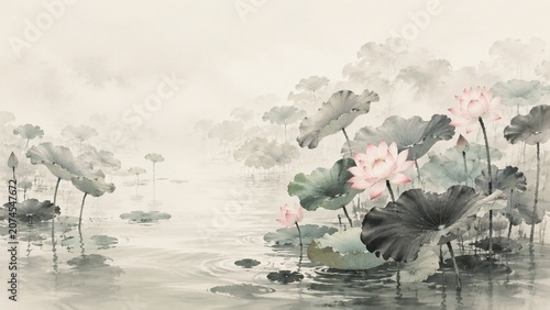 Ink Wash Lotus Pond With Soft Mist and Flowers
