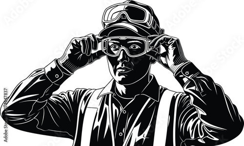 Photos Black and white woodcut style illustration of a worker putting on safety goggles for protection during industrial work, construction, or manufacturing tasks at site