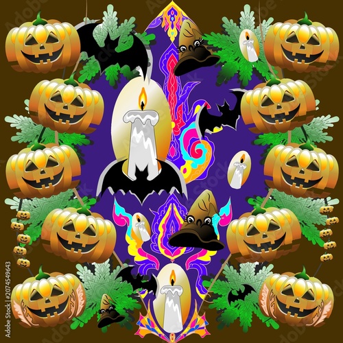 Spooky Halloween seamless pattern with cute pumpkins, ghosts, and witch hats on dark background for fabric and wallpaper design.