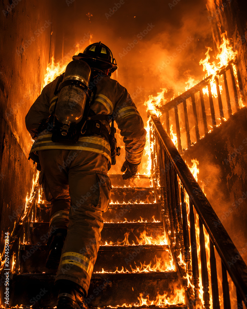 Fototapeta premium Firefighter climbing burning stairs during emergency rescue mission