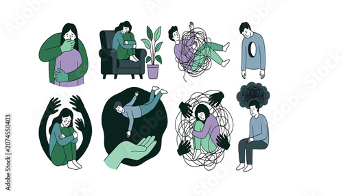 Fotografie Mental health problems and psychological disorder concepts set, depressed people dealing with anxiety and depression flat vector illustration