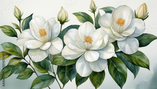 Watercolor Gardenias Four White Flowers On Clean Background