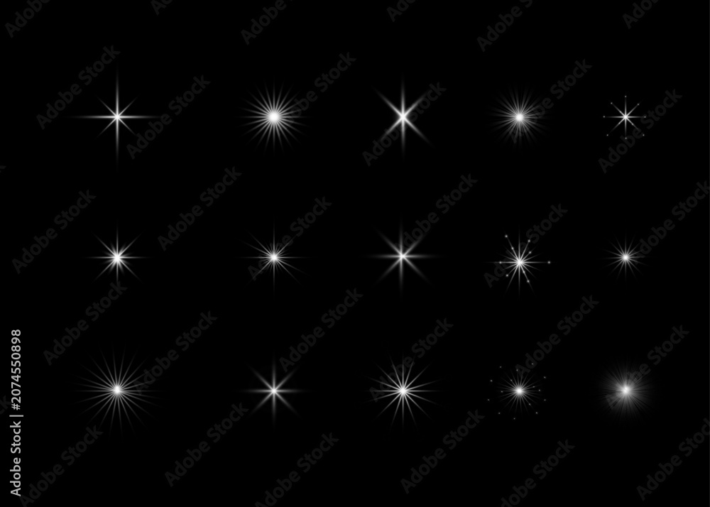 Fototapeta premium Luxury Light Starburst Sparkle Effect Collection With Glowing Lens Flare Burst Rays Isolated On Black Background