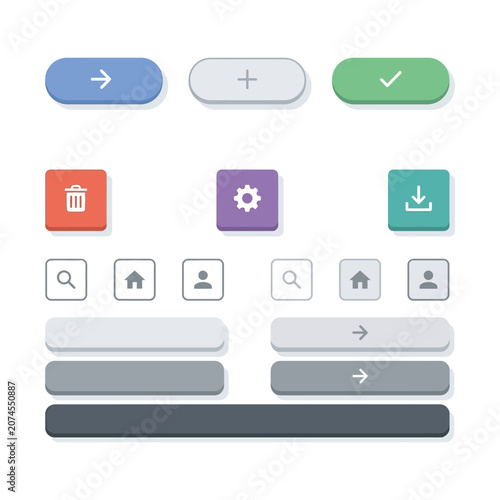Modern UI button set, colorful flat web interface elements, minimalist app navigation icons, vector software kit