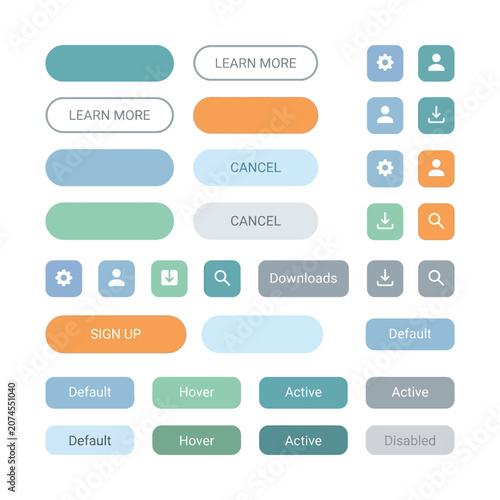 Modern UI button set in pastel colors, flat web interface elements, minimal website navigation icons and call to action kit
