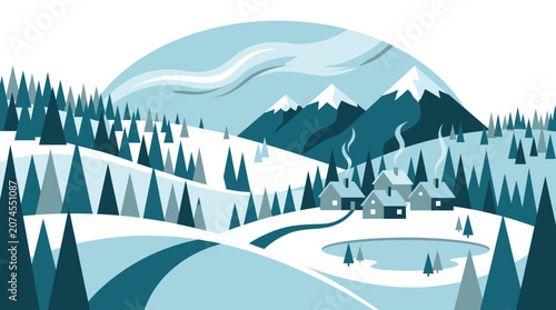 Фотография Serene winter landscape with snow-covered mountains forest and cozy village houses evoking a sense of peacefulness and tranquility in a frozen natural setting
