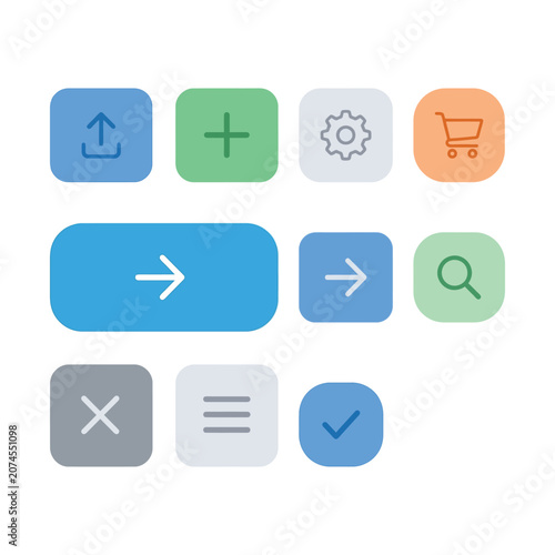 Minimalist UI icon set, colorful web interface buttons, flat vector navigation symbols for mobile app and website design