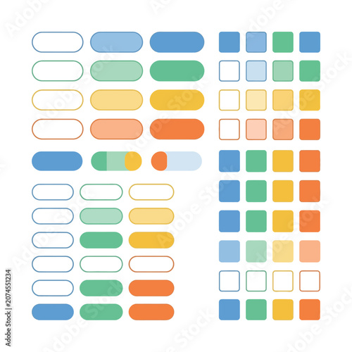Minimalist UI button set, colorful rounded web elements, modern flat interface components for app design and software