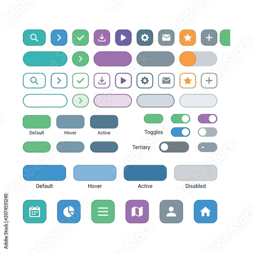 Modern UI kit vector elements, colorful web interface buttons and toggles, flat design software control panel icons