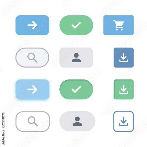 Modern UI button set with 12 vector icons, flat web interface elements, colorful navigation and ecommerce symbols