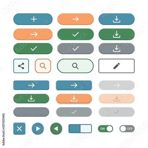 Modern UI button set with flat web icons, colorful interface elements for app design, 28 vector navigation controls
